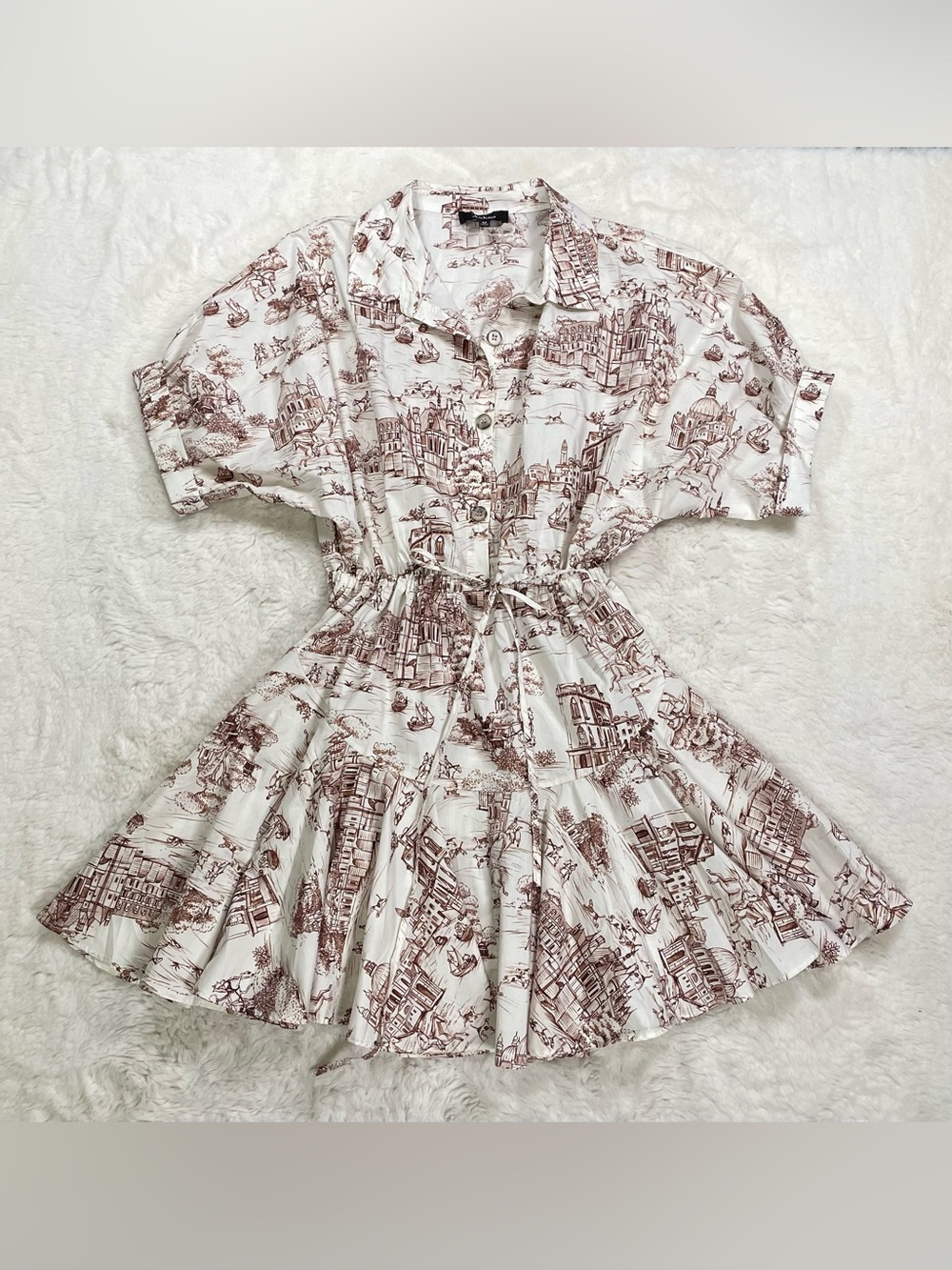 Aakaa Take Your World Cotton Cream Mini Dress with Brown Toile Print, Size M